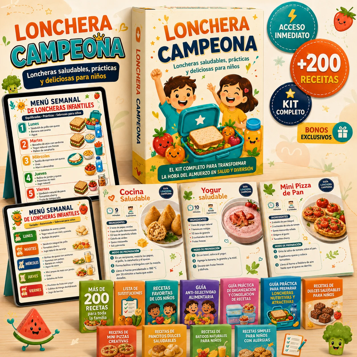 Mockup del producto Lonchera Campeona con menús, recetas y materiales incluidos